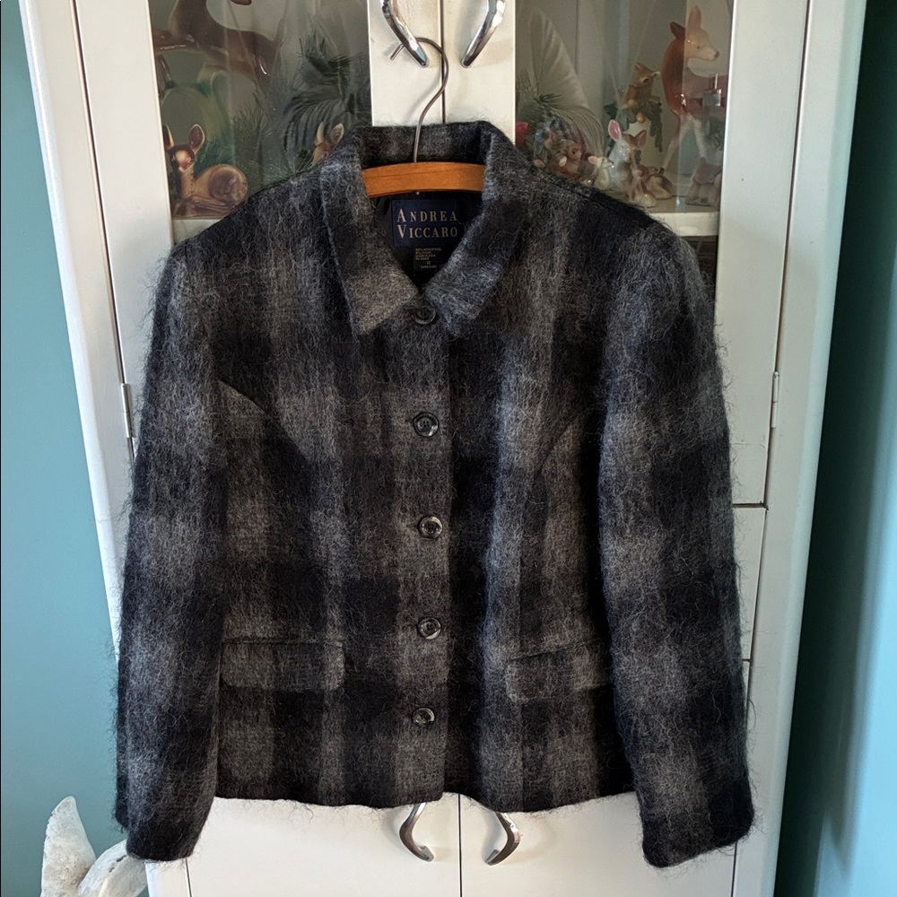 Andrea Viccaro Vintage sz 12 mohair wool lined Women's Black Plaid Jacket euc